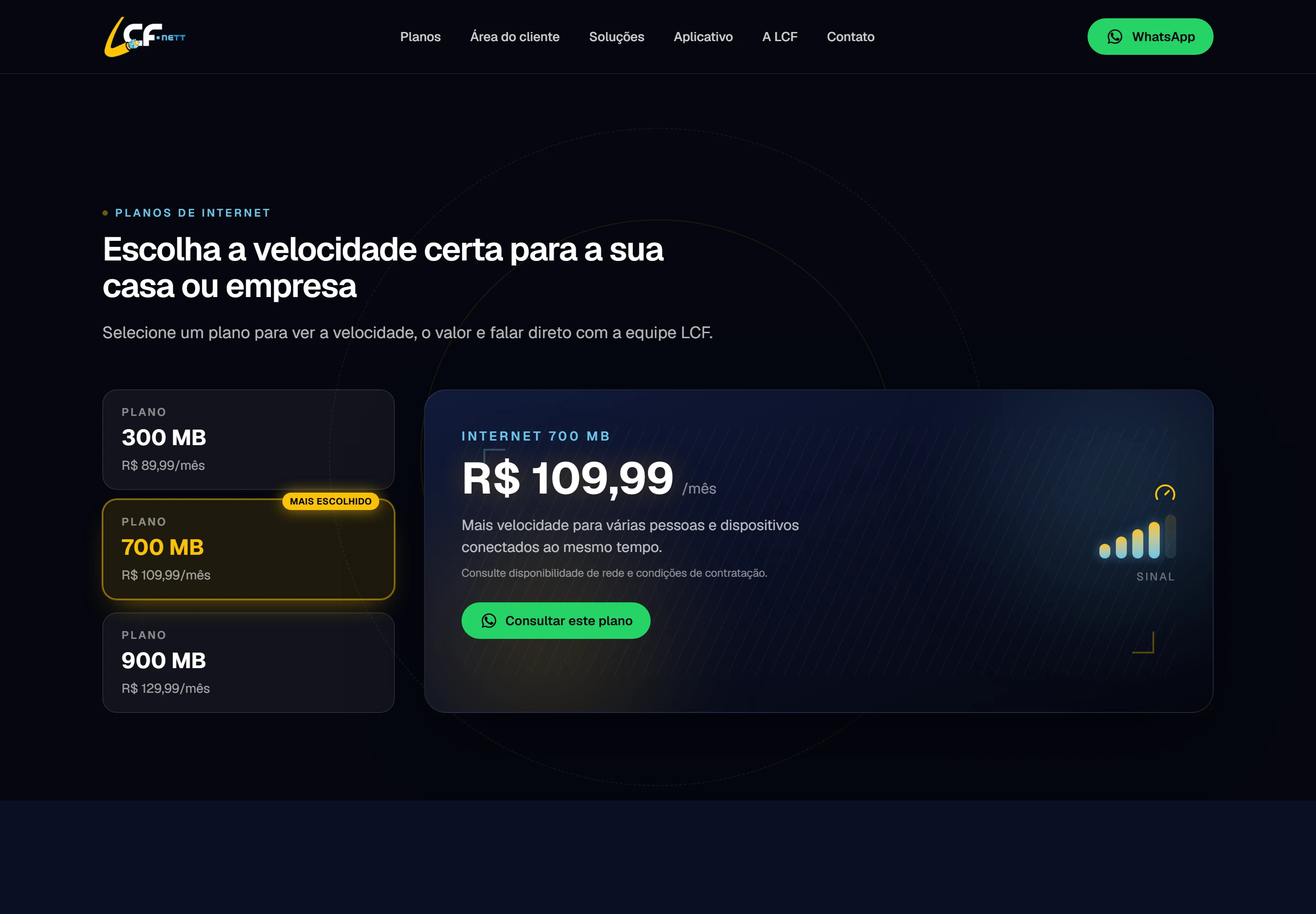 Seção de planos de internet e telefonia no site da LCF.Nett, exemplo de página de conversão real