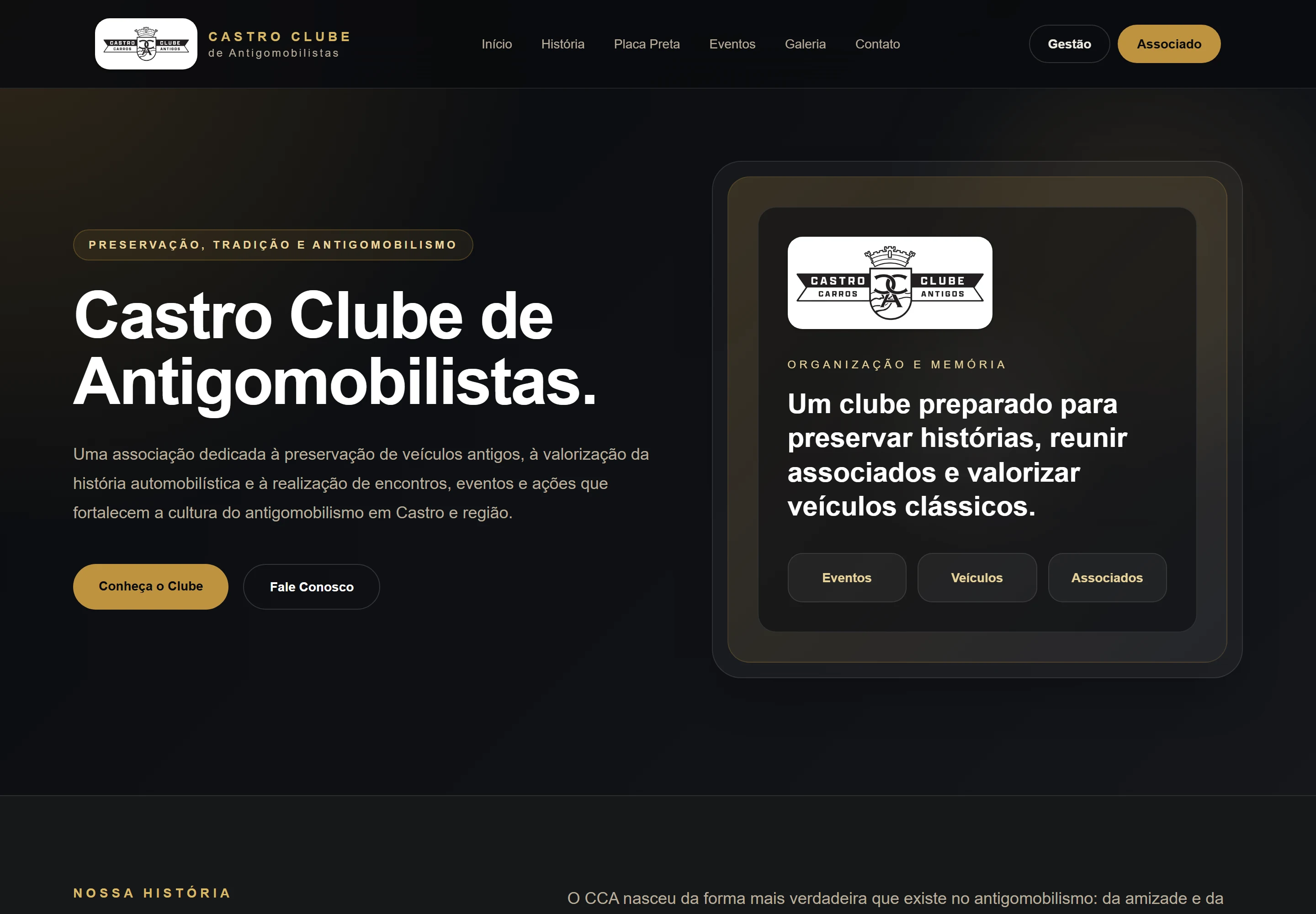 Página inicial do site do Castro Clube de Antigomobilistas, com escudo do clube e tipografia dourada sobre fundo navy.