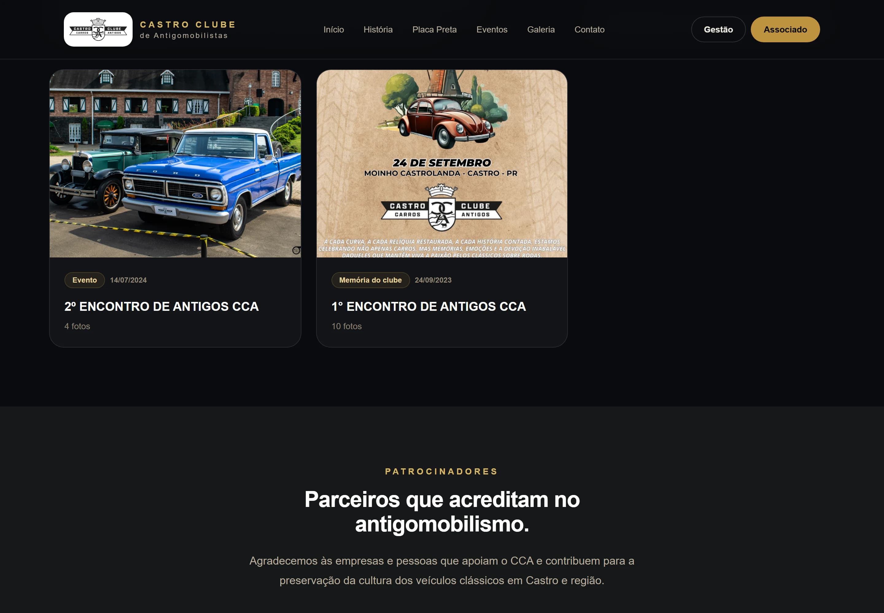 Seção de galeria do site do CCA, com fotos de encontros de veículos antigos em Castro/PR.