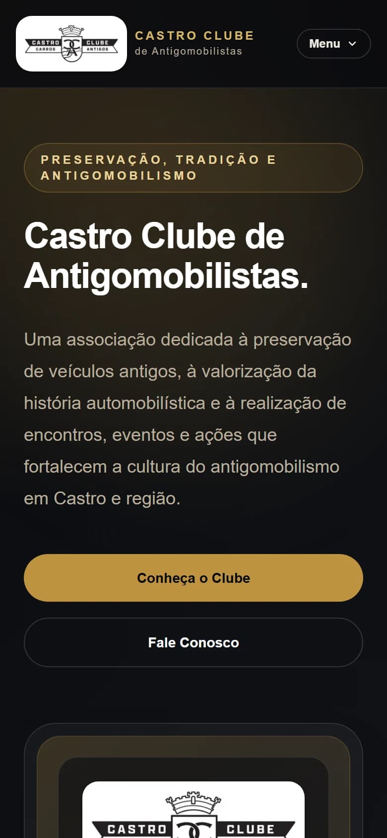 Página inicial do site do Castro Clube de Antigomobilistas em celular.