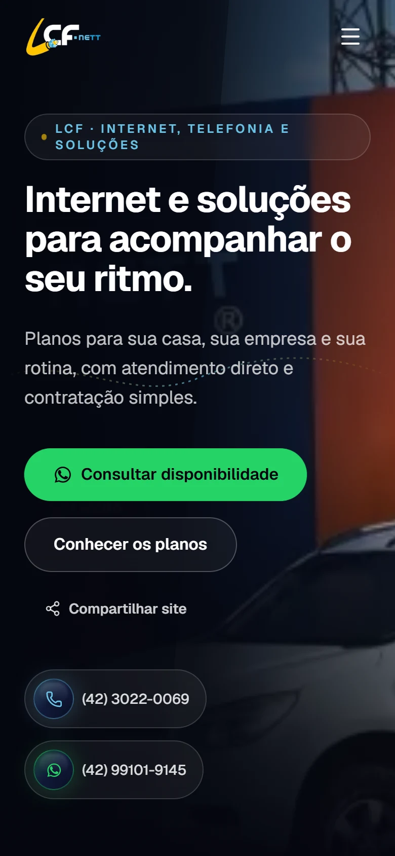Página inicial do site da LCF.Nett em celular.