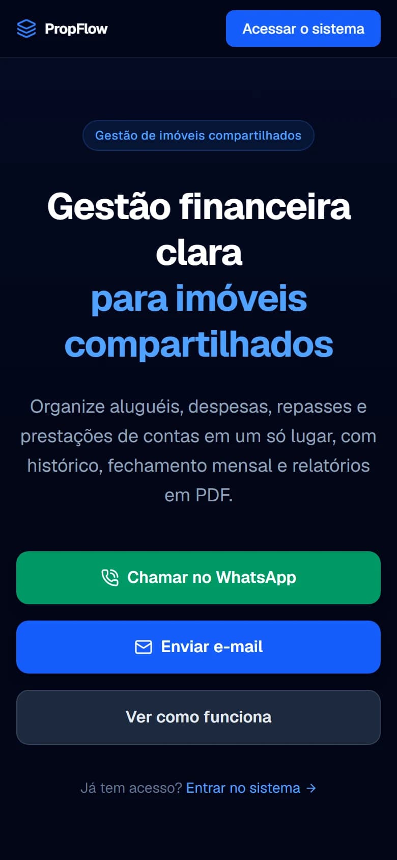 Página inicial do PropFlow em celular.