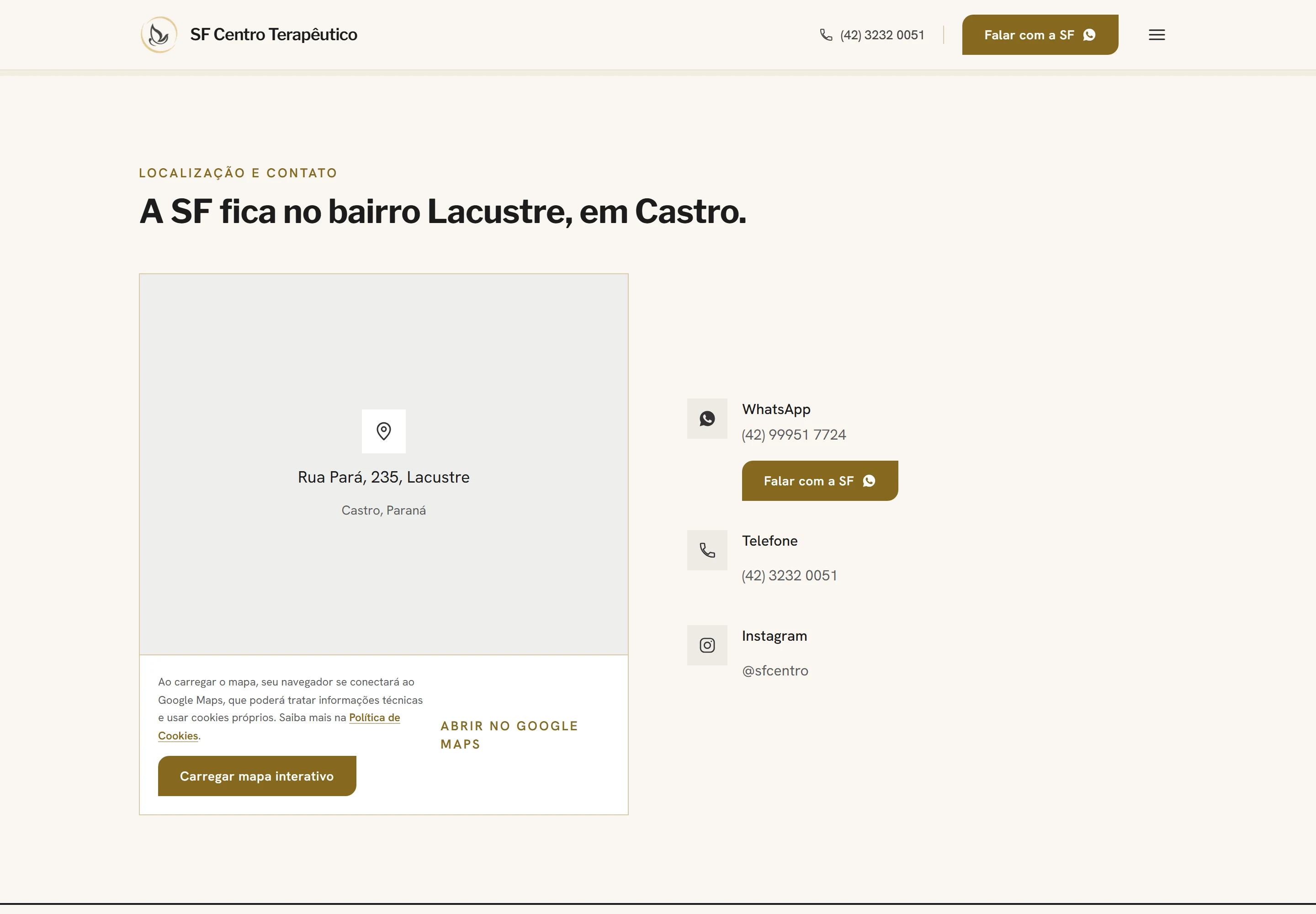 Seção de localização e contato do site do SF Centro Terapêutico, com endereço, WhatsApp e telefone.