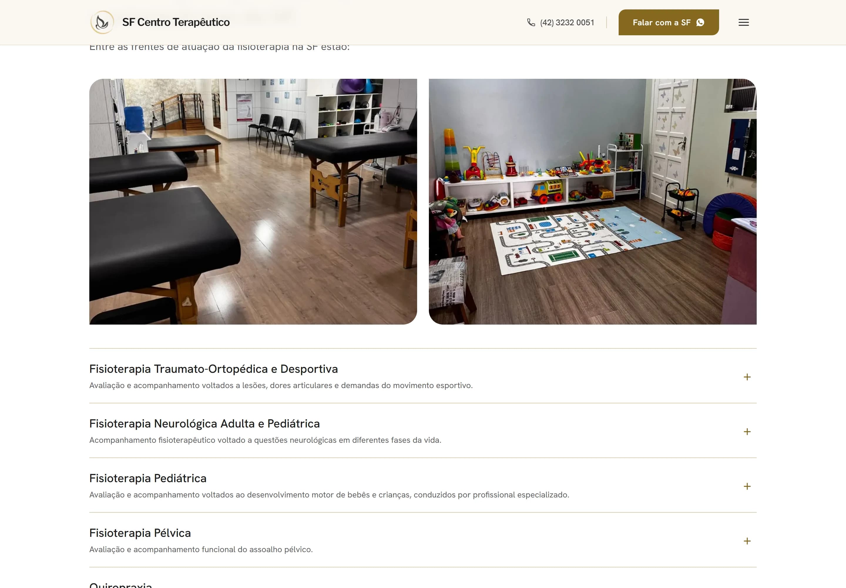 Seção de especialidades de fisioterapia do site do SF Centro Terapêutico, com fotos das salas de atendimento e da sala infantil.