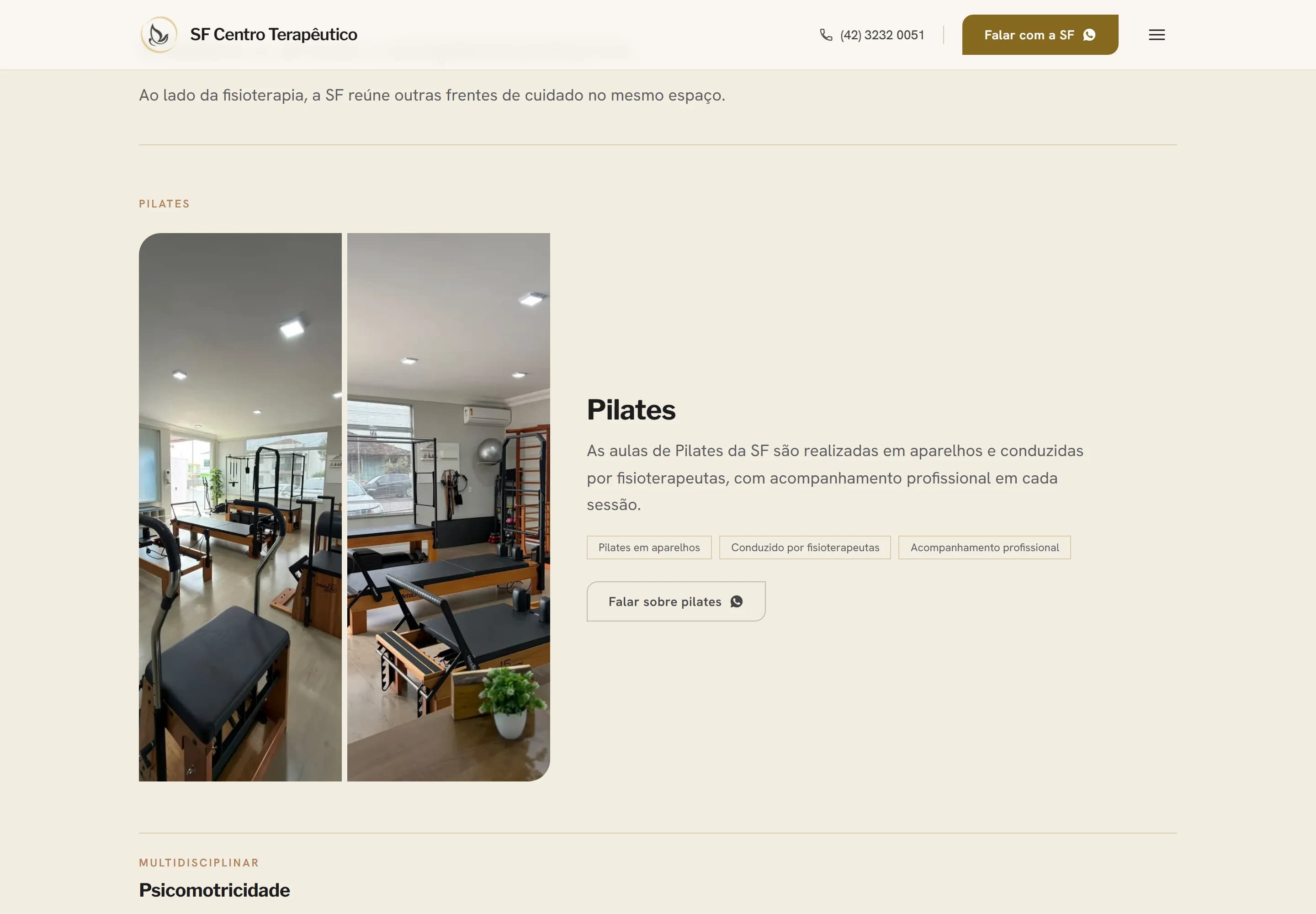 Seção de Pilates do site do SF Centro Terapêutico, com foto do estúdio de aparelhos.